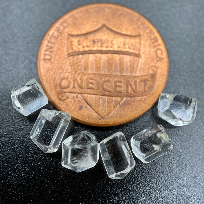 6-piece lot short Burmese phenakite crystals on black background next to one cent piece to show size. available at sanctuaryofstones.com