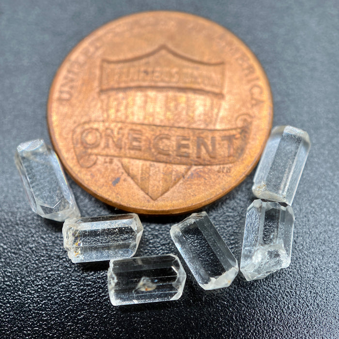 6-piece lot of Burmese phenakite hexagonal barrel crystals that are optically clear on black background next to one cent piece to show size. available at sanctuary of stones dot com | sanctuaryofstones.com
