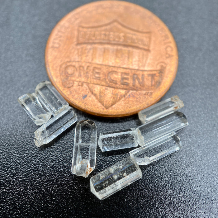 9-piece Burmese phenakite crystal lot on black background next to one cent piece to show size. Available at sanctuaryofstones.com