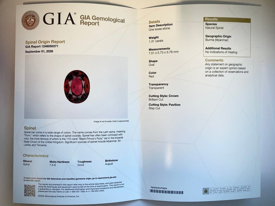 GIA Origin Certified Unheated Burmese Red Spinel Gemstone | 1.31ct Oval | Crimson