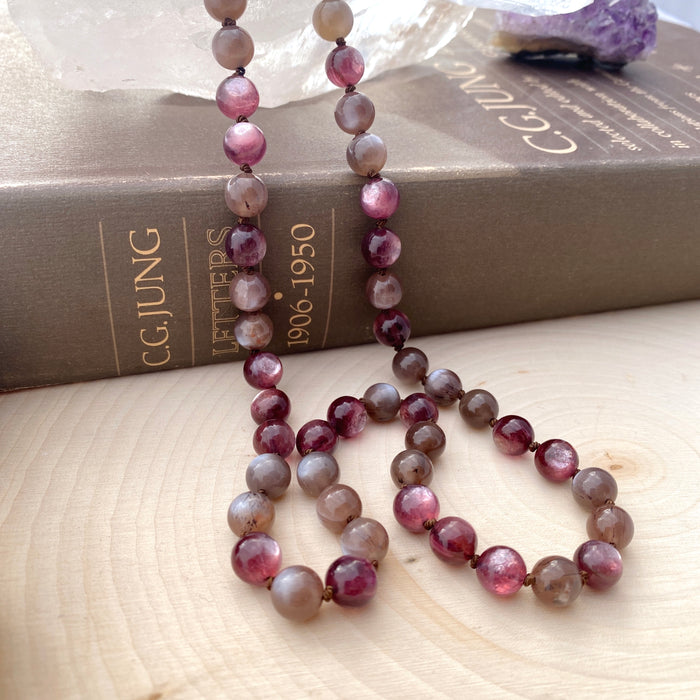 hand-knotted gem lepidolite and rutilated mahogany moonstone no-clasp necklace by ashley at sanctuary vibrational jewelry photo 3