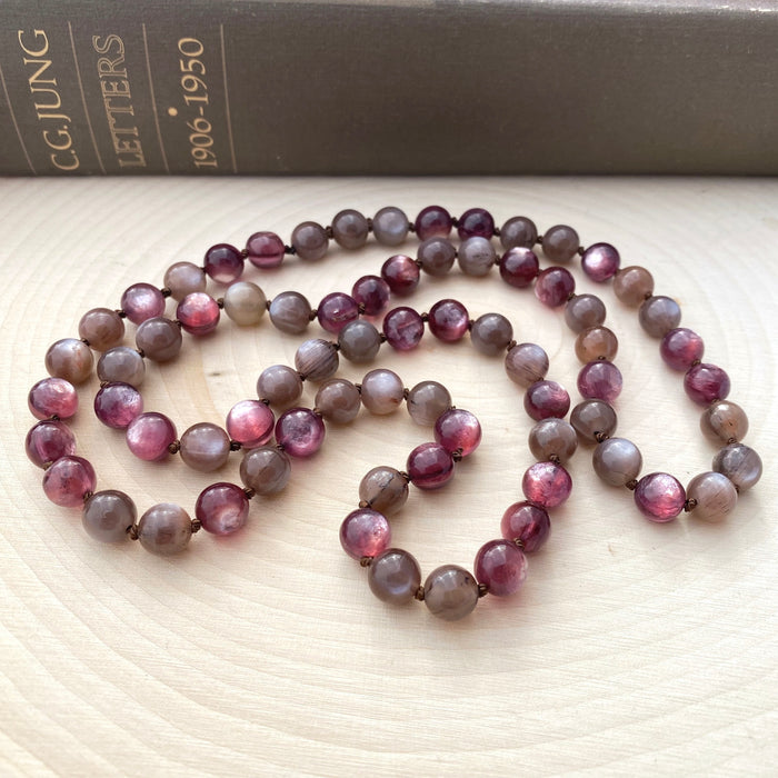 hand-knotted gem lepidolite and rutilated mahogany moonstone no-clasp necklace by ashley at sanctuary vibrational jewelry