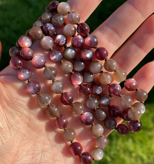 hand-knotted gem lepidolite and rutilated mahogany moonstone no-clasp necklace by ashley at sanctuary vibrational jewelry photo 5