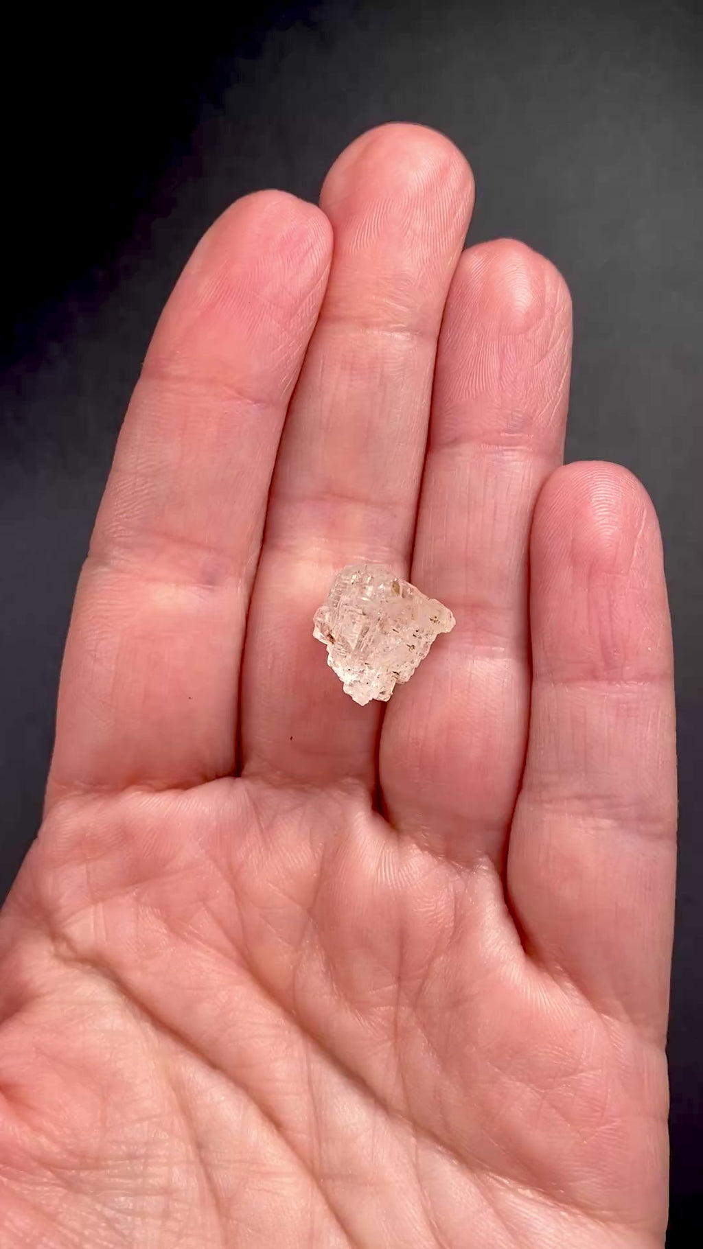 rare Nigerian Okuta-Didan phenakite crystal on a hand to show size. available at sanctuaryofstones.com