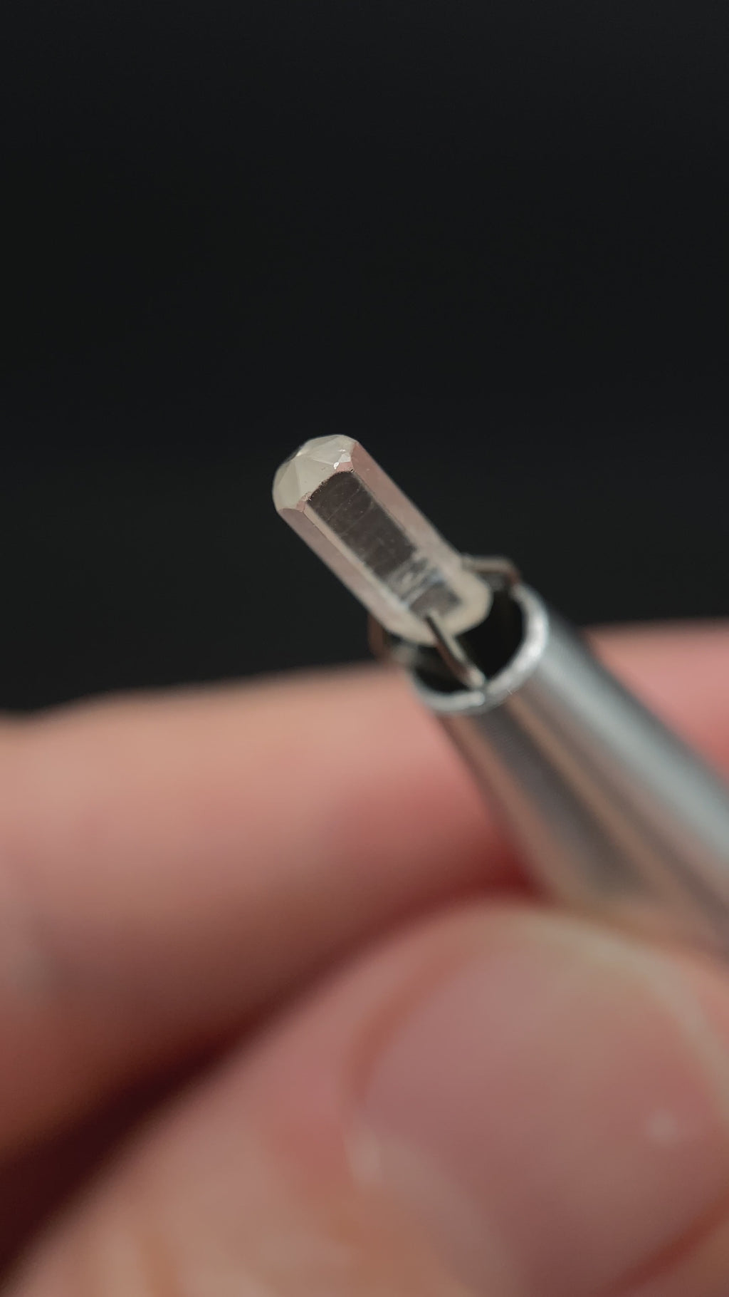 0.52 carat Burmese phenakite drill bit crystal for sale, glass clear, natural termination available at sanctuaryofstones.com video