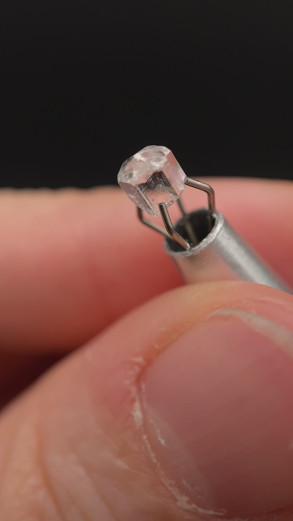 0.57 carat Burmese phenakite drill bit crystal for sale, glass clear, natural termination available at sanctuaryofstones.com video