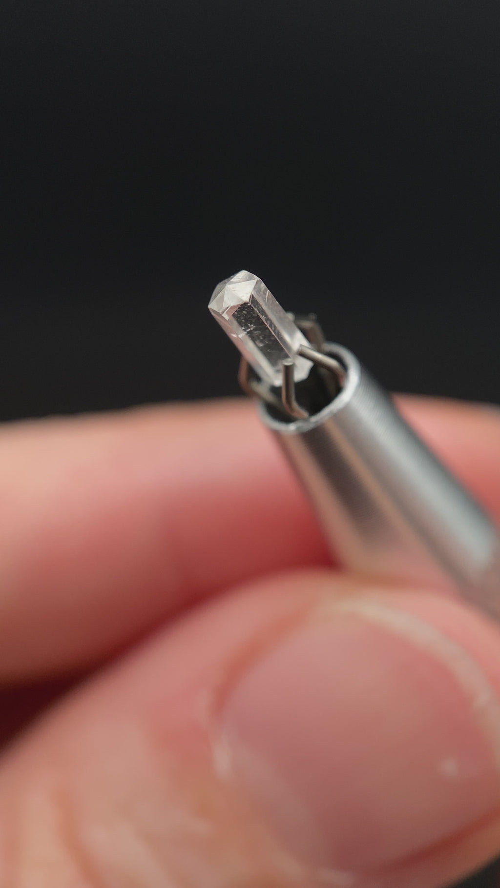 0.27 carat Burmese phenakite drill bit crystal for sale, glass clear, natural termination available at sanctuaryofstones.com video