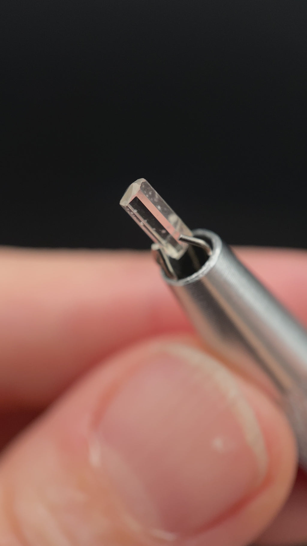 0.23 carat Burmese phenakite drill bit crystal for sale, glass clear, natural termination available at sanctuaryofstones.com video