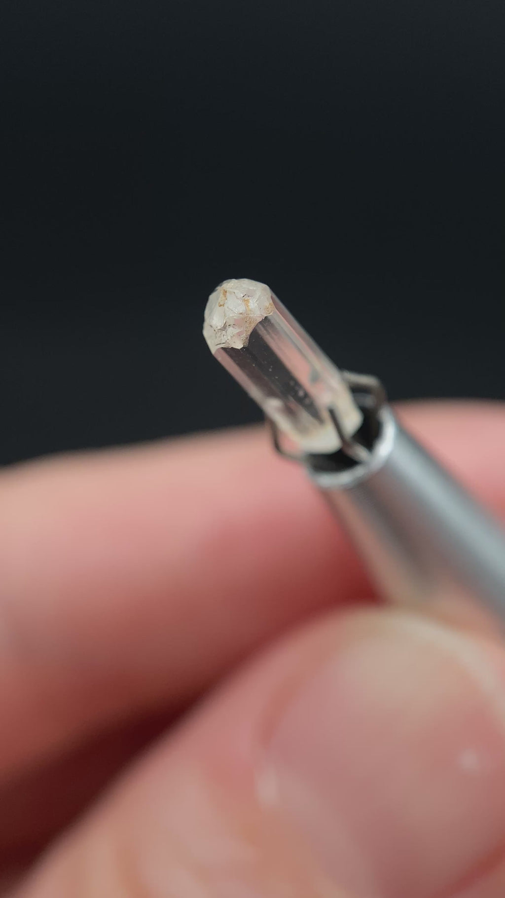 0.88 carat Burmese phenakite drill bit crystal for sale, glass clear, natural termination available at sanctuaryofstones.com video