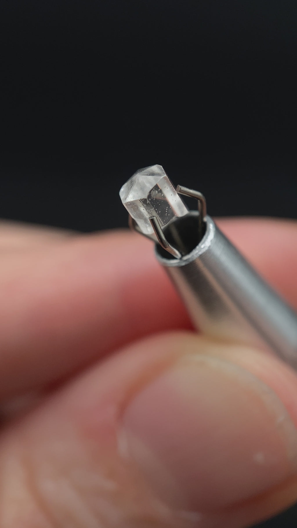 0.48 carat Burmese phenakite drill bit crystal for sale, glass clear, natural termination available at sanctuaryofstones.com video