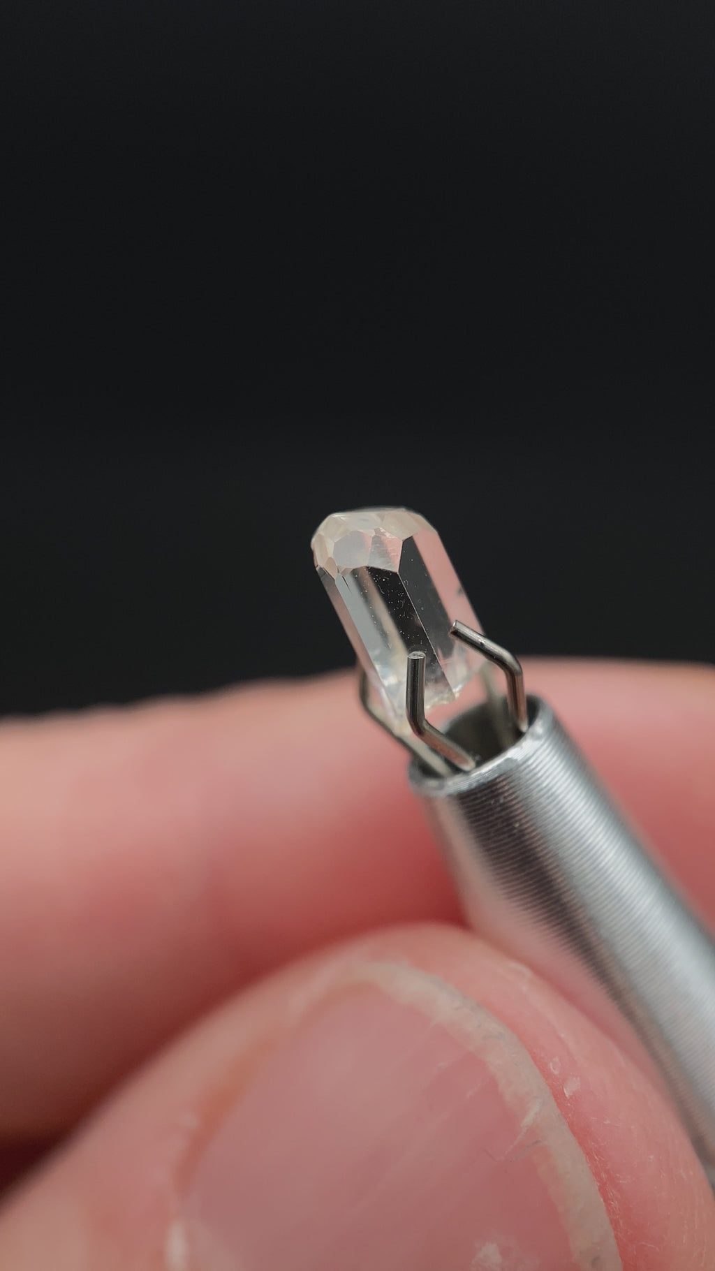 0.72 carat Burmese phenakite drill bit crystal for sale, glass clear, natural termination available at sanctuaryofstones.com video