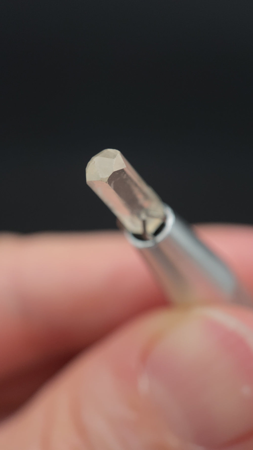 0.83 carat Burmese phenakite drill bit crystal for sale, glass clear, natural termination available at sanctuaryofstones.com video